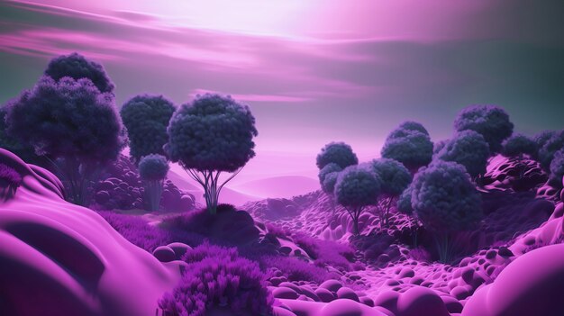 Zjawiskowa i surrealistyczna tapeta z krajobrazem w fioletowych odcieniach
