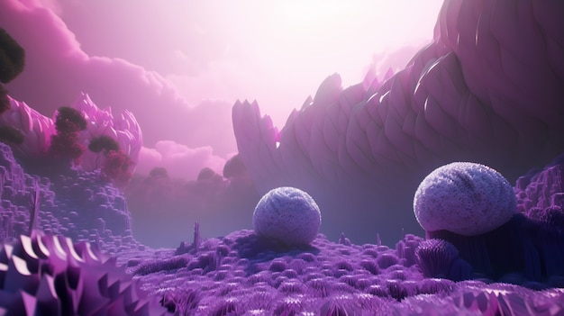 Zjawiskowa i surrealistyczna tapeta z krajobrazem w fioletowych odcieniach