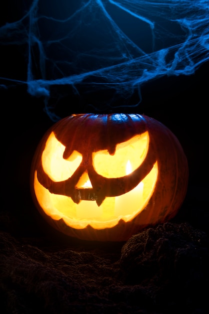 Bezpłatne zdjęcie zła halloweenowa dynia i pajęczyna martwa natura