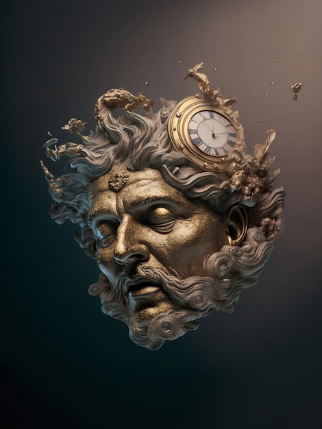Złota głowa greckiego boga z zegarem
