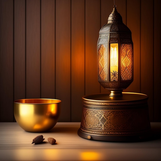 Bezpłatne zdjęcie złota lampa stoi obok złotej miski z dwoma małymi miseczkami na stole.