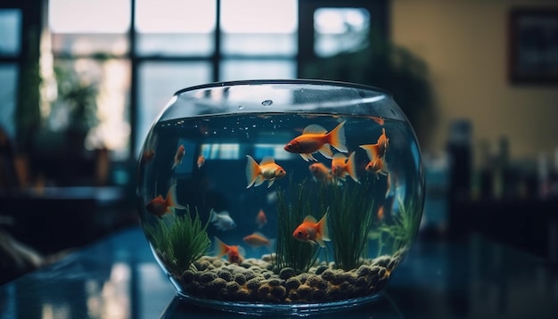 Bezpłatne zdjęcie złota rybka pływająca w szklanym akwarium podwodnym generującym sztuczną inteligencję