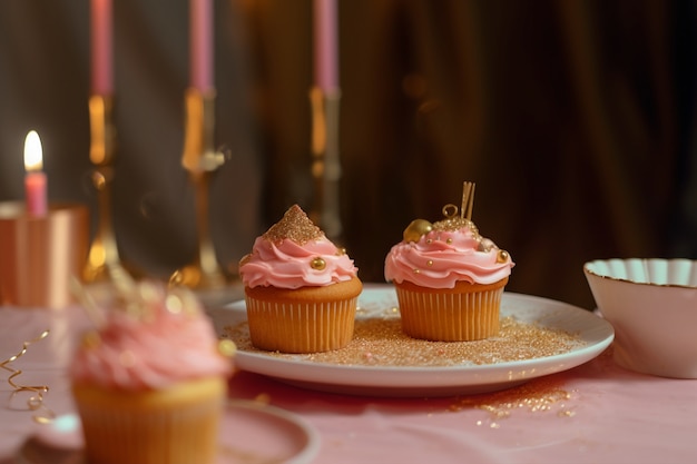 Bezpłatne zdjęcie złote elementy na przyjęcie urodzinowe i tort