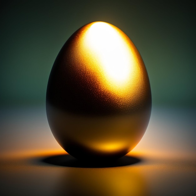 Złote jajko siedzi na stole z zielonym tłem.