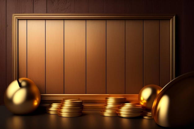 Bezpłatne zdjęcie złote monety na drewnianym stole z drewnianym tłem