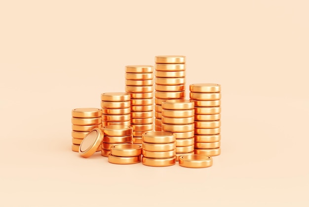 Złote monety stosy pieniądze waluta finanse oszczędności inwestycja koncepcja tło ilustracja 3D