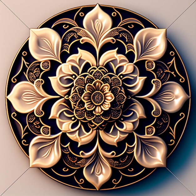 Bezpłatne zdjęcie złoto-czarny talerz z motywem kwiatowym.