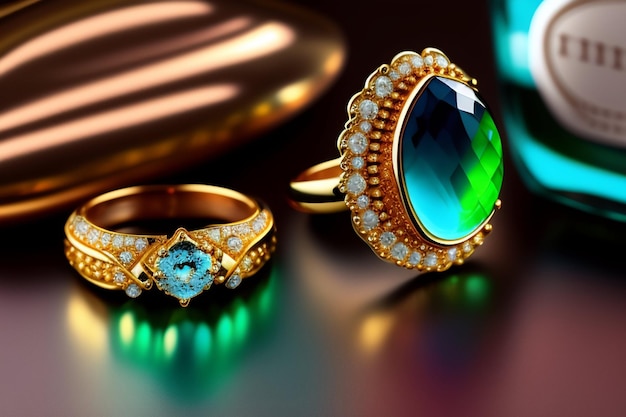 Złoty pierścionek z niebieskim kamieniem i zielonym kamieniem.