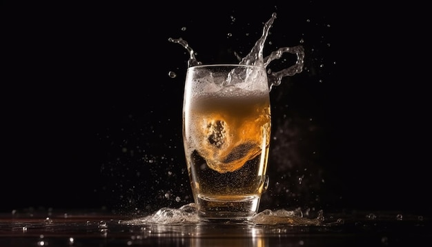 Bezpłatne zdjęcie złoty płyn płynie kostką lodu rozpryskując orzeźwiający napój generowany przez sztuczną inteligencję