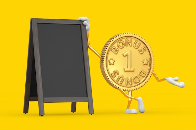 Złoty program lojalnościowy bonus moneta osoba charakter maskotka z pustymi drewnianymi tablicami menu odkryty wyświetlacz na żółtym tle. renderowanie 3d