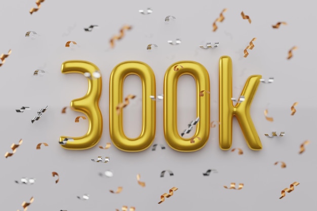 Złoty znak 300 000 i błyszczące balony dla znajomych i subskrybentów w mediach społecznościowych