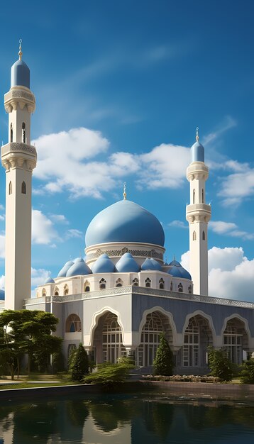 Złożony budynek meczetu i architektura z chmurami, krajobrazem i niebem