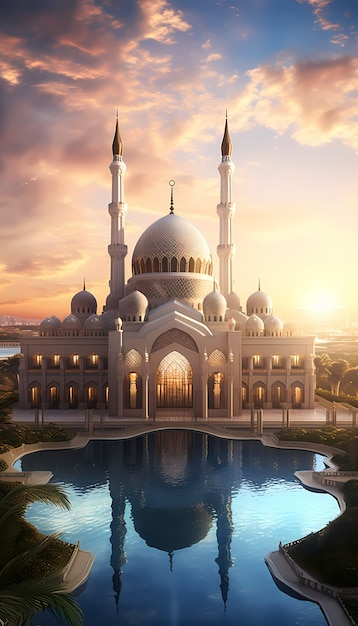 Bezpłatne zdjęcie złożony budynek meczetu i architektura z chmurami, krajobrazem i niebem