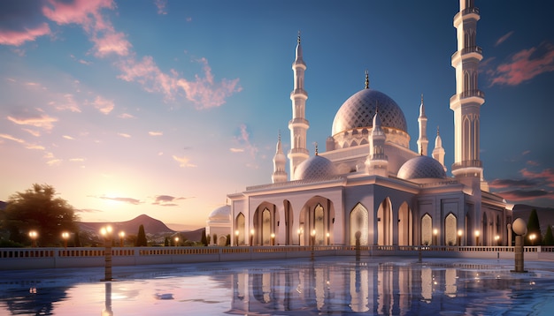 Złożony budynek meczetu i architektura z krajobrazem nieba i chmur