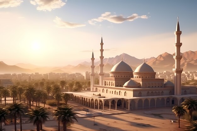 Złożony budynek meczetu i architektura z krajobrazem nieba i chmur