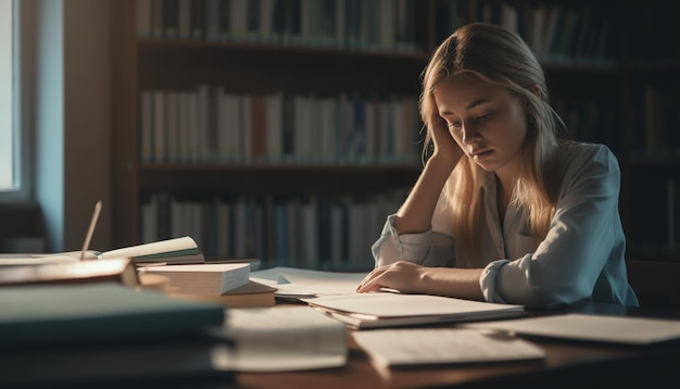 Bezpłatne zdjęcie zmęczona młoda kobieta opierająca się na biurku sfrustrowana problemami z pracą domową generowanymi przez sztuczną inteligencję