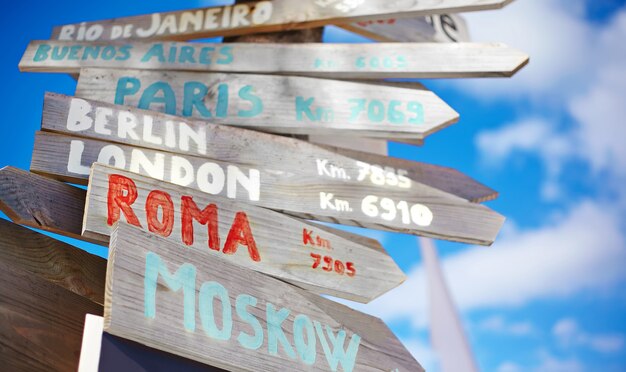 znak drogowy ruchu tym Moskwie, Rzymie, Londynie, Berlinie, Paryżu, Rio de Janeiro na tle niebieskiego nieba w stylu retro