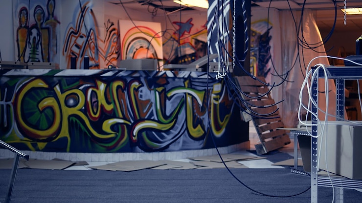 Bezpłatny plik Zdjęcie zniszczona, zniszczona piwnica wypełniona graffiti.