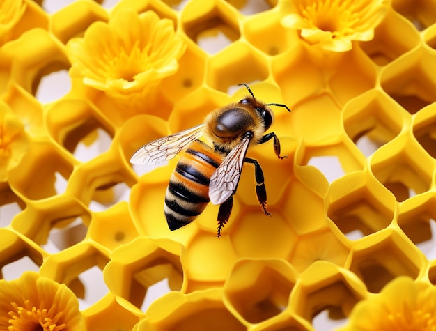 Bezpłatne zdjęcie zobacz 3d owada pszczołę z plastrem miodu i kwiatami