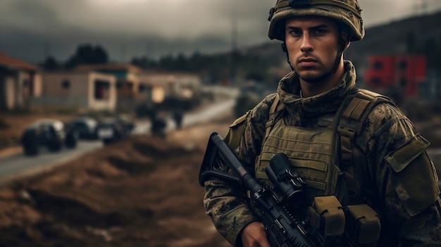Bezpłatne zdjęcie Żołnierz średniej strzały noszący sprzęt kamuflażowy