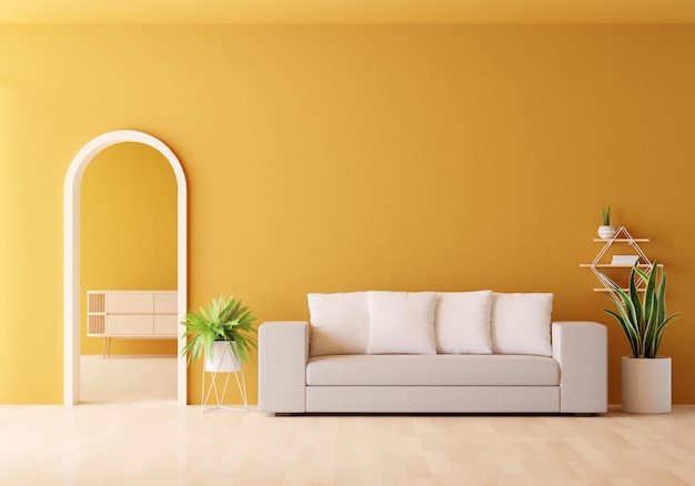 Żółte wnętrze salonu z wolną przestrzenią
