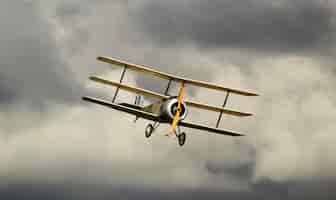 Bezpłatne zdjęcie Żółty antonow an-2 na ciemnym pochmurnym niebie