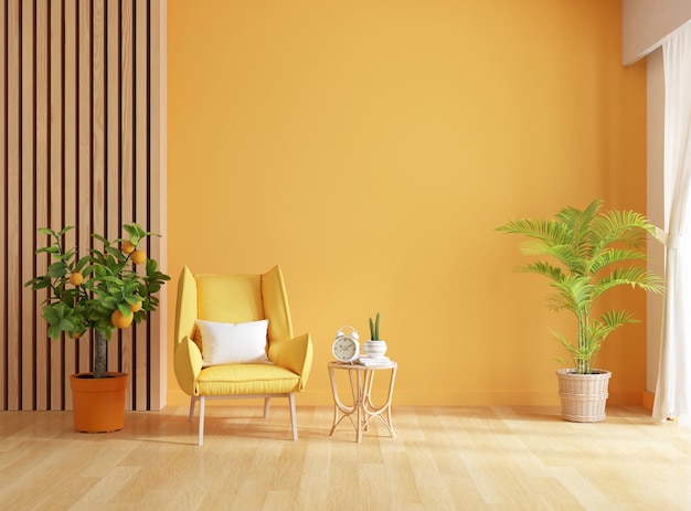 Bezpłatne zdjęcie Żółty fotel w salonie z miejscem na kopię