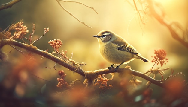 Żółty ptak śpiewający siedzący na gałęzi w słońcu generatywnej sztucznej inteligencji