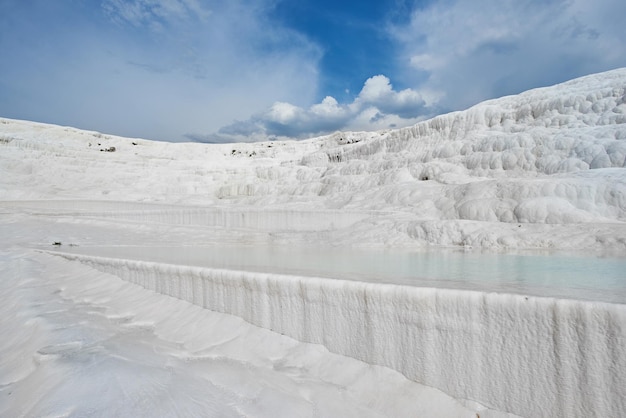 Źródła termalne Pamukkale z tarasami i naturalnymi basenami w południowo-zachodniej Turcji