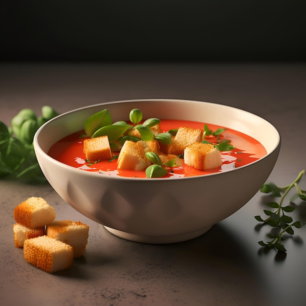 Zupa pomidorowa z krotonami i bazylią w misce na ciemnym tle