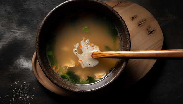 Bezpłatne zdjęcie zupa z owoców morza gotowana na parze w rustykalnej misce ceramicznej wygenerowana przez sztuczną inteligencję