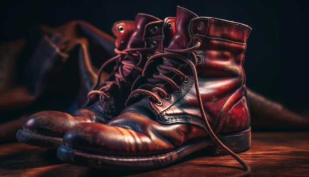 Zużyte skórzane buty zasznurowane na zimową wędrówkę wygenerowane przez sztuczną inteligencję