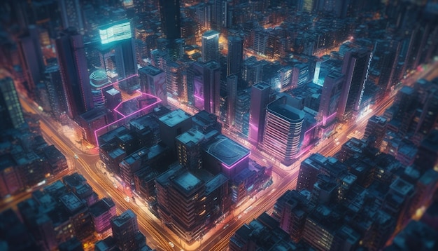 Życie w mieście świeci nocą w wielu kolorach, generowane przez sztuczną inteligencję