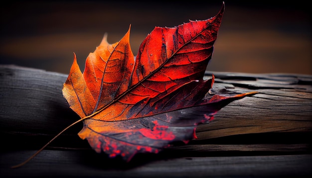 Żywe kolory jesiennych liści na drewnianej desce generowane przez sztuczną inteligencję