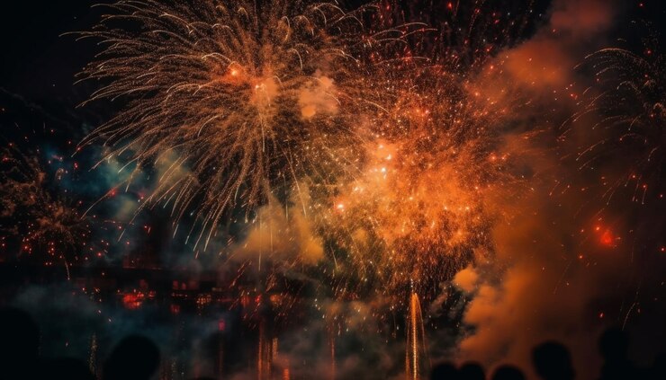 Bezpłatny plik Zdjęcie żywe kolory oświetlają ciemną noc wybuchową celebrację generowaną przez sztuczną inteligencję