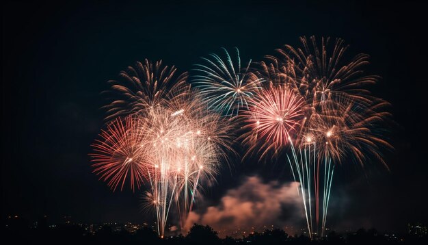 Żywe kolory oświetlają ciemne nocne niebo eksplodujące generowane przez sztuczną inteligencję