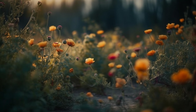 Bezpłatne zdjęcie Żywe kwiaty kwitną w spokojnym zachodzie słońca na łące generowanym przez sztuczną inteligencję
