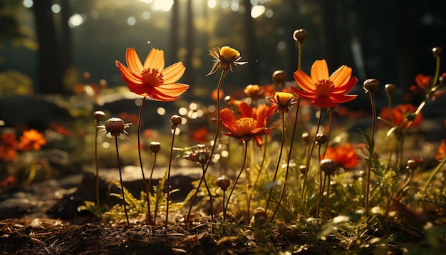 Żywe kwiaty polne na spokojnej łące muśnięte światłem słonecznym generowanym przez sztuczną inteligencję