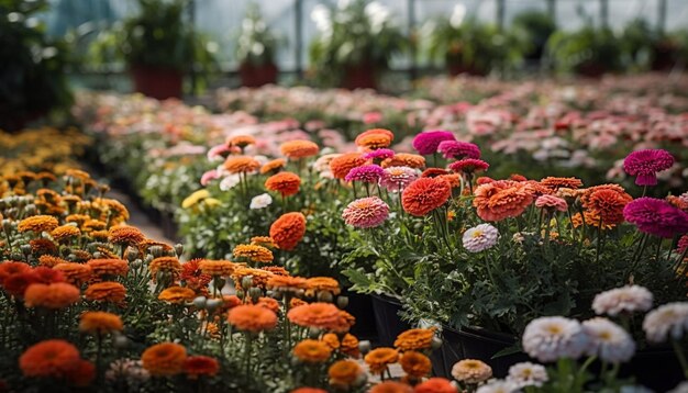 Żywe, wielobarwne kwiaty kwitną w formalnym ogrodzie generowanym przez sztuczną inteligencję