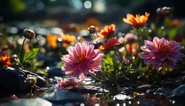 Bezpłatne zdjęcie Żywy bukiet kolorowych kwiatów rozjaśnia łąkę wygenerowaną przez sztuczną inteligencję