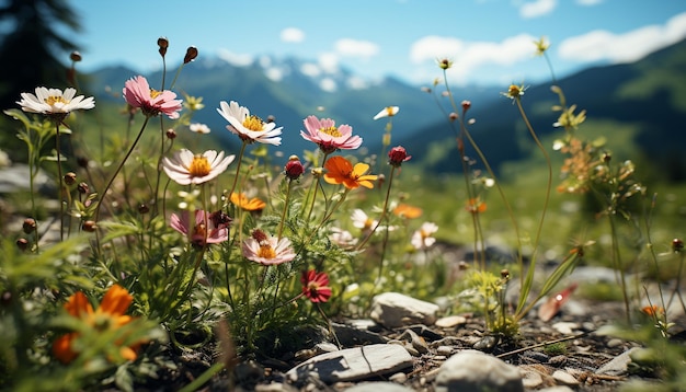 Bezpłatne zdjęcie Żywy łąka dzikich kwiatów spokojna scena w przyrodzie generowana przez sztuczną inteligencję