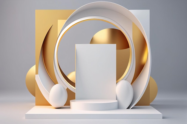 3d abstracto podio mínimo geométrico blanco y dorado fondo generativo ai