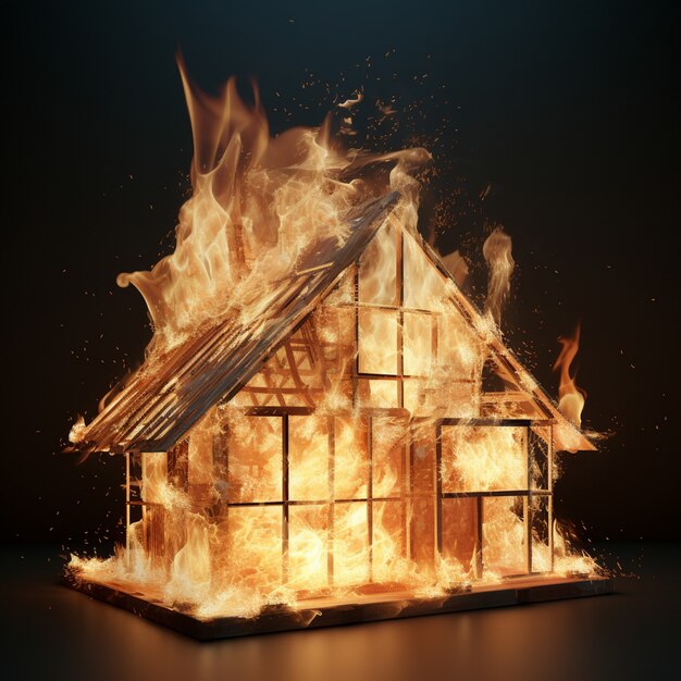 3d casa en llamas con llamas