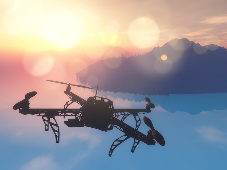 Foto gratuito 3d drone volando sobre el océano con un cielo al atardecer