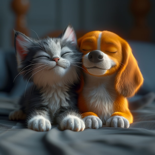 Foto gratuita 3d illustration showcasing friendship between cats and dogs