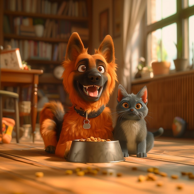 Foto gratuita 3d illustration showcasing friendship between cats and dogs