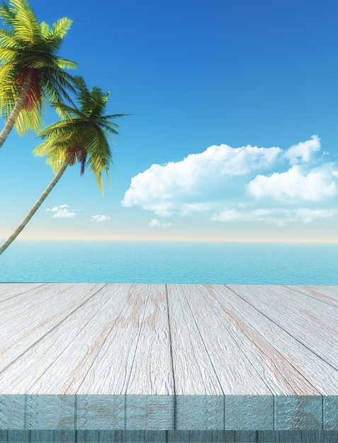 3D mesa mirando a una palmera y el paisaje del mar