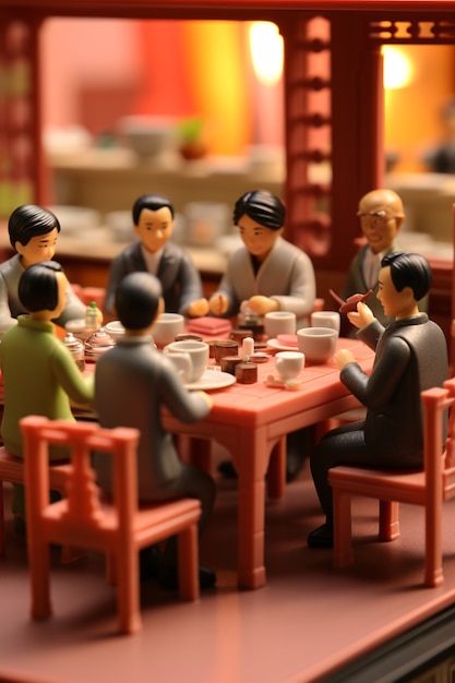 3d de personas disfrutando de la cena de reunión durante la celebración del año nuevo chino