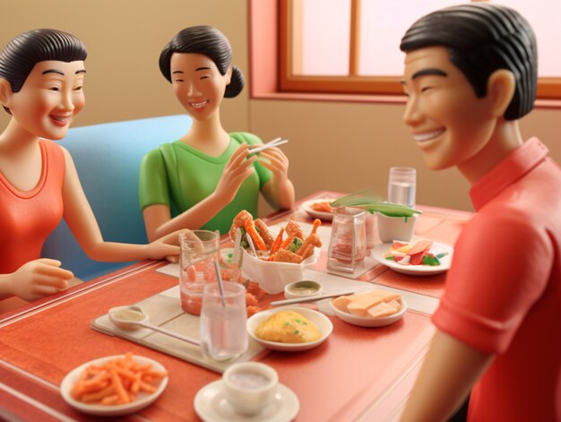 3d personas disfrutando de la cena de reunión durante la celebración del año nuevo chino