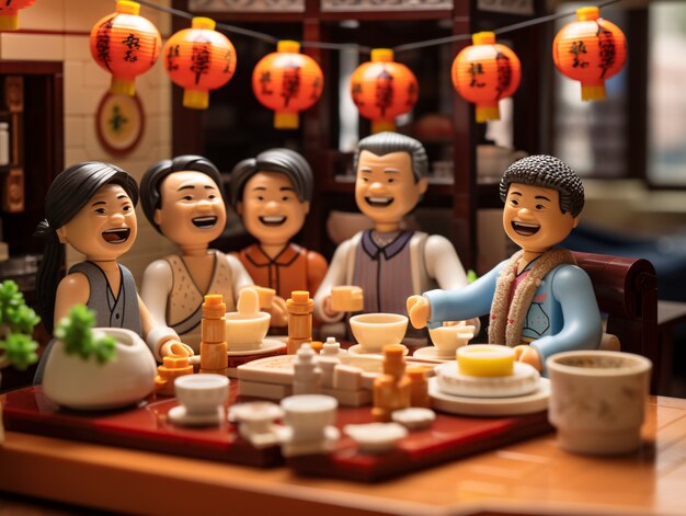 3d personas disfrutando de la cena de reunión durante la celebración del año nuevo chino